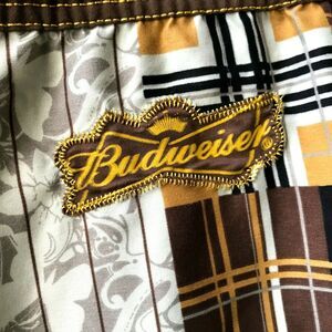 Vintage BUDWEISER Swim Trunks Mens Size XL Beer Brown Plaid Bathing Suit Shorts